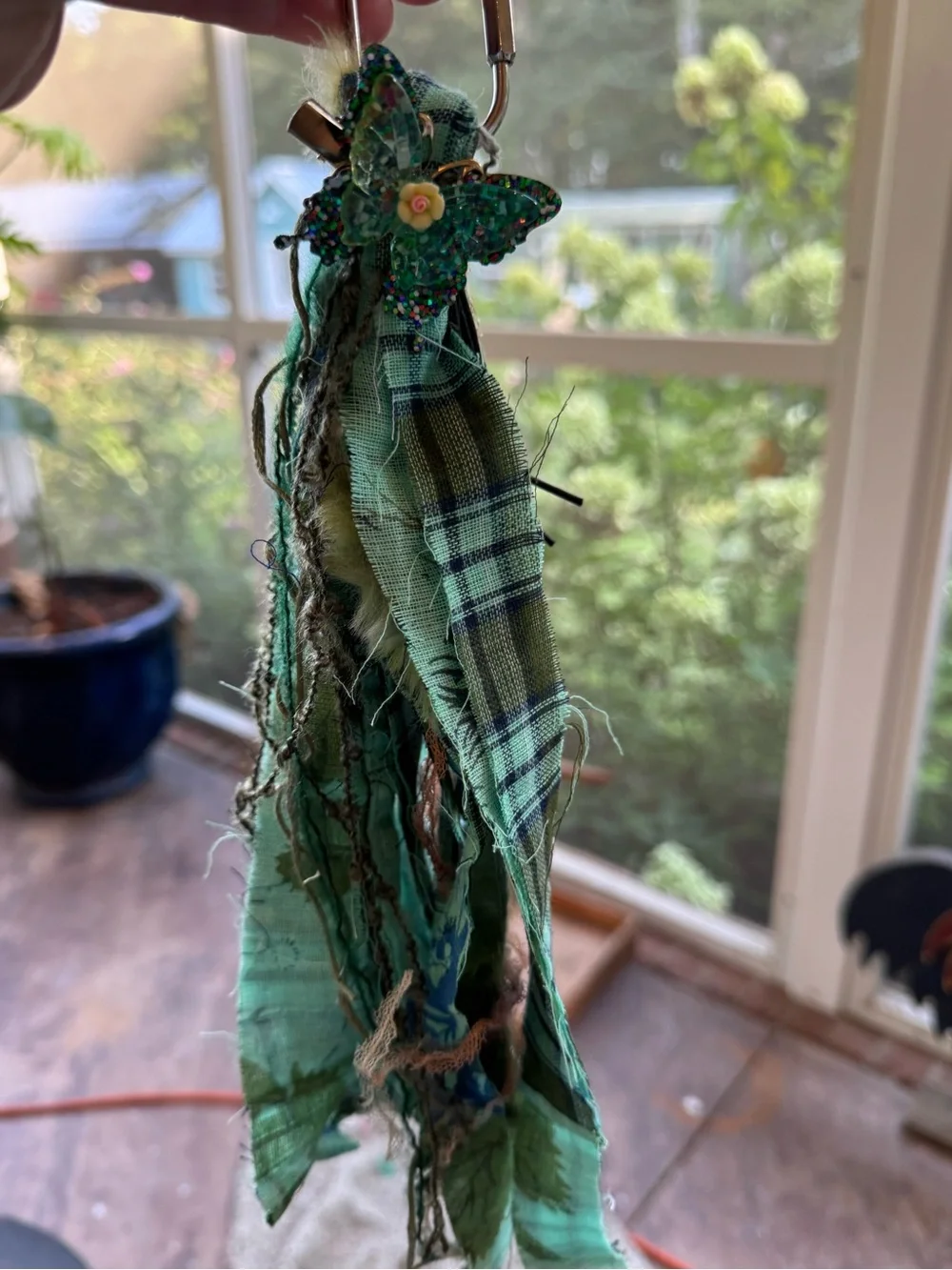 Green Boho Tassel Keychain Charm with Turquoise Accents